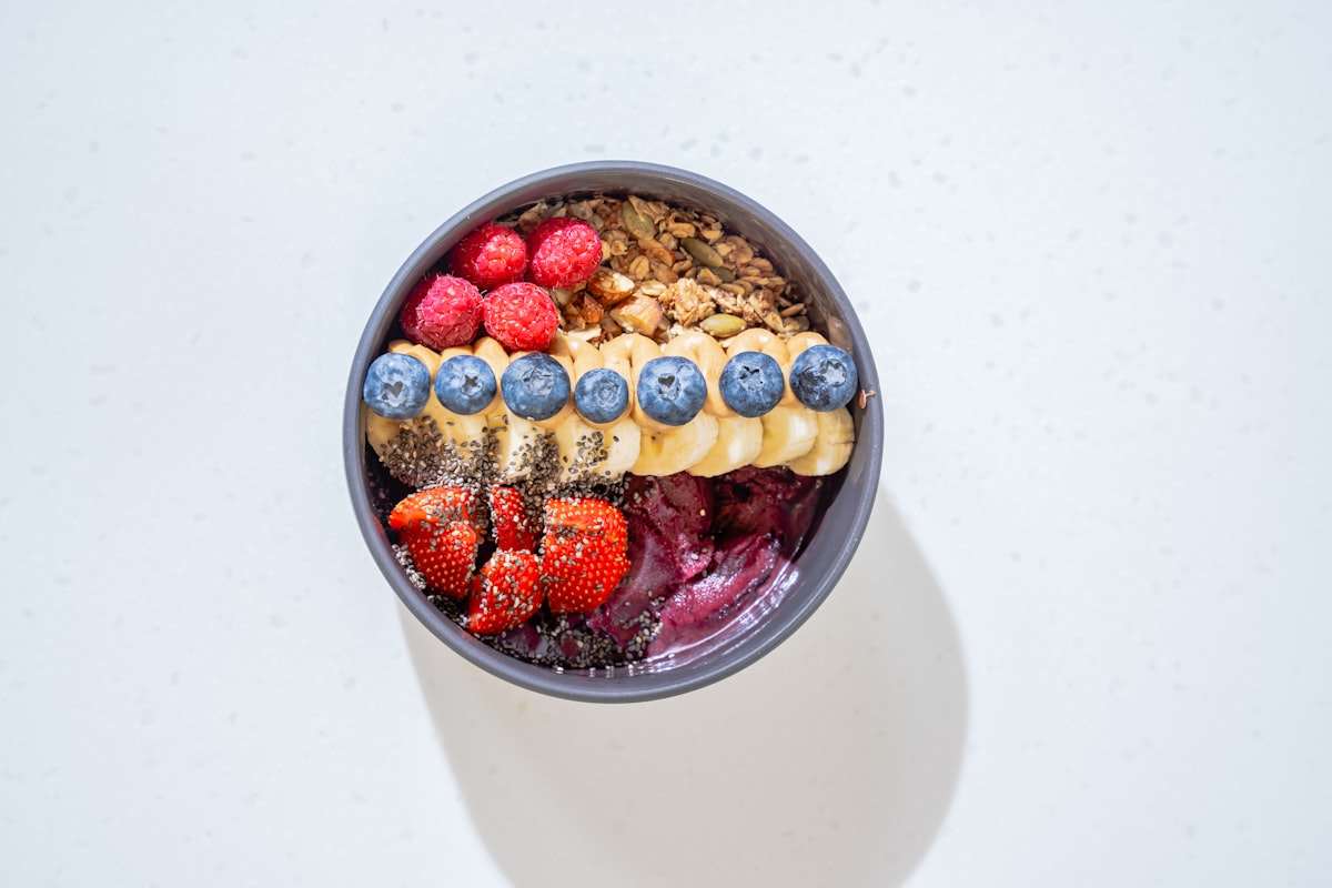 Healthy snack selection with nuts, fruits and yogurt